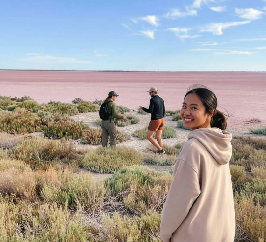 Voyageurs en marche au lever du soleil lors d'un séjour bien-être